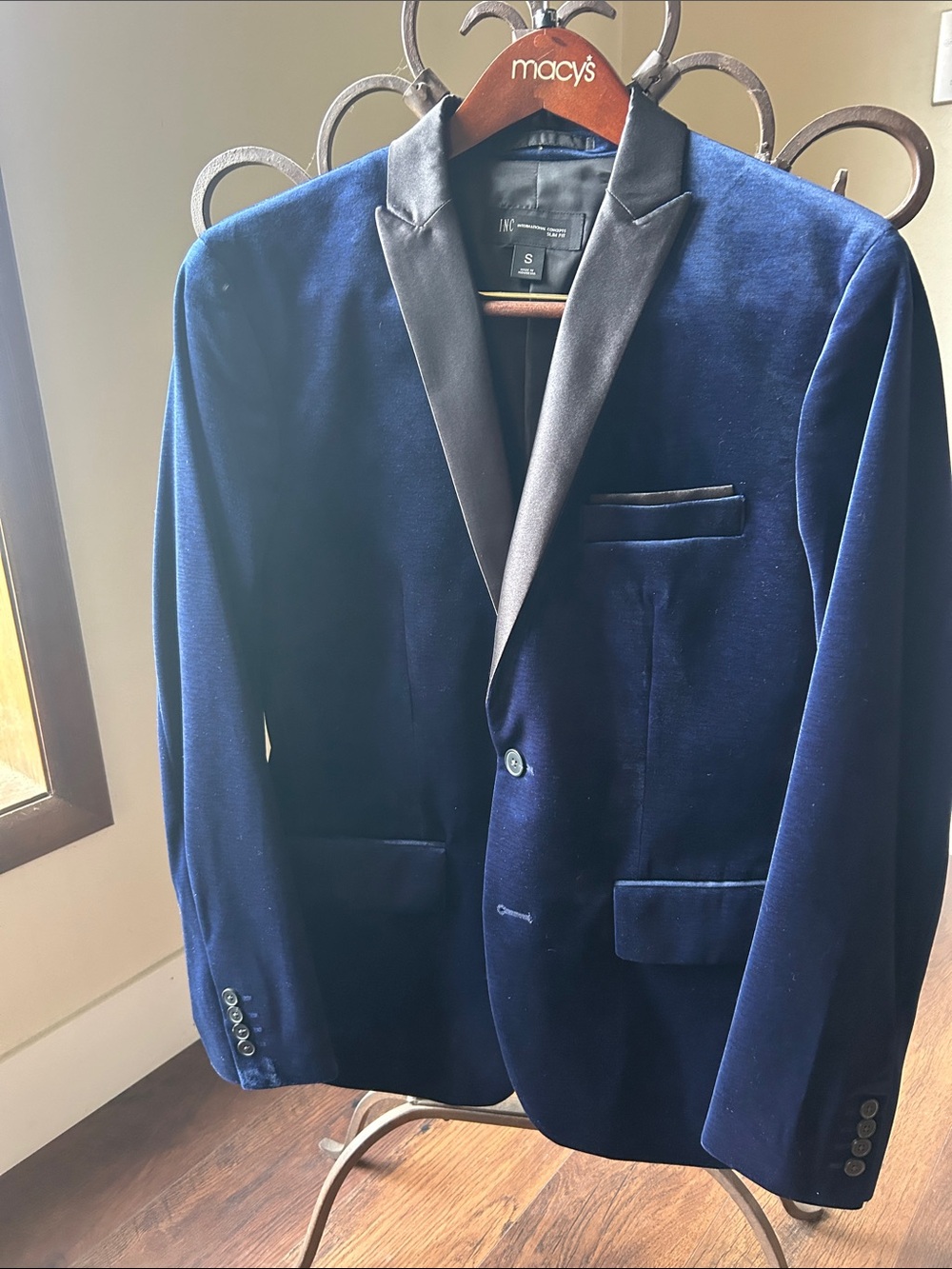 INC International Concepts Deep Blue Velvet Tuxedo Blazer with Black Satin Lapel